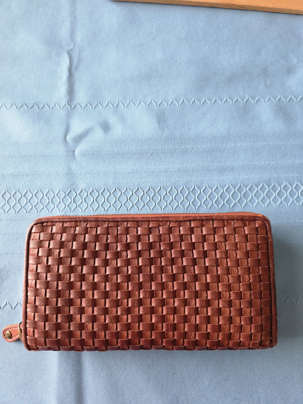 Ashwood Vintage Cognac Woven Leather Continental Zip-Around Wallet Basketweave
